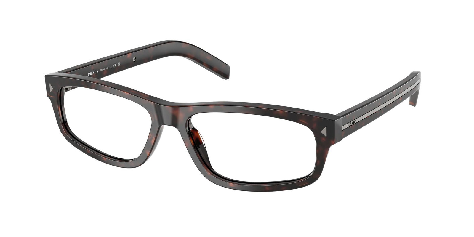 Das Bild zeigt die Prada Brille B02V in Root havana leicht schräg von der Seite.